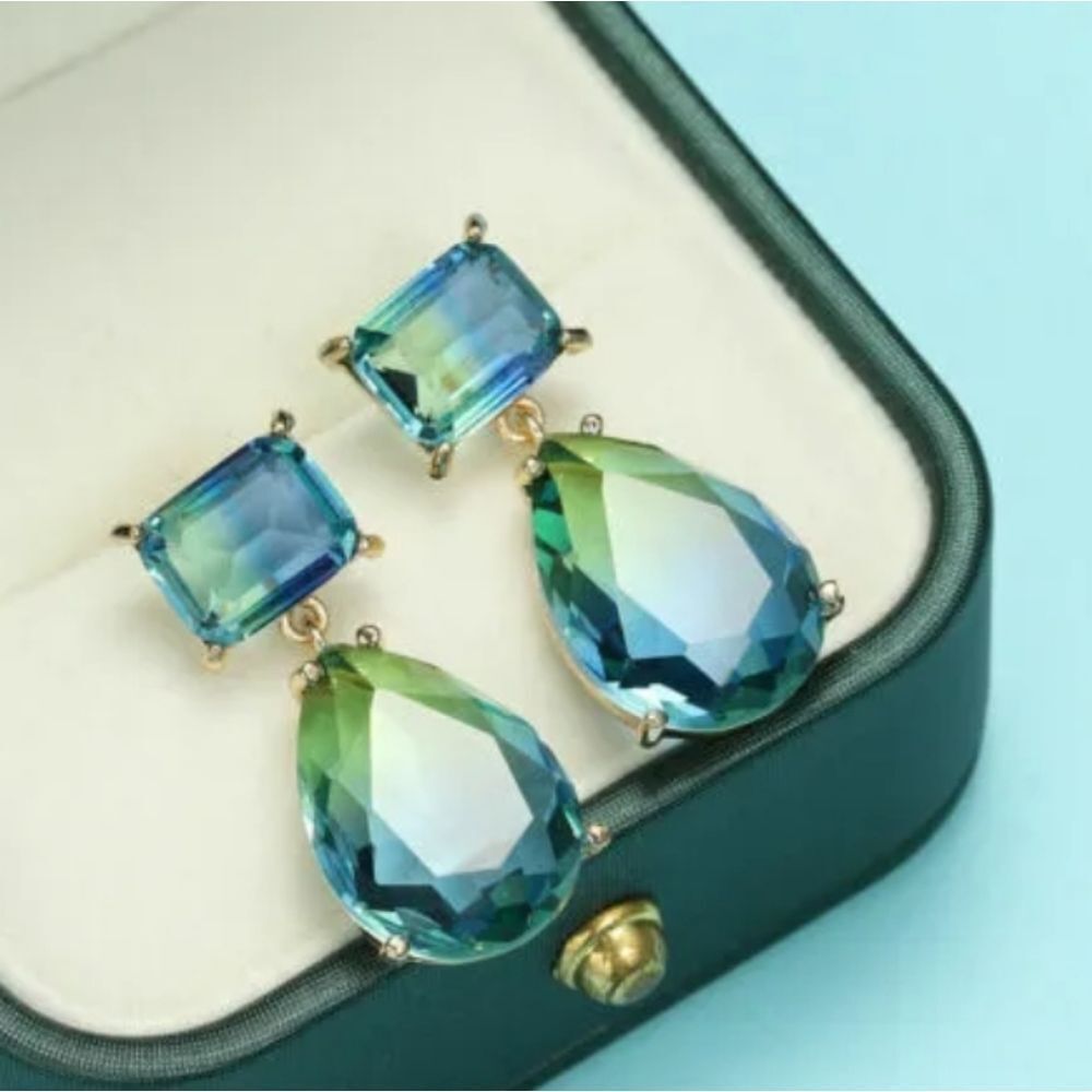 Blue Green Ombre Crystal Rhinestones Drop Dangle Earrings - Picture 1 of 4